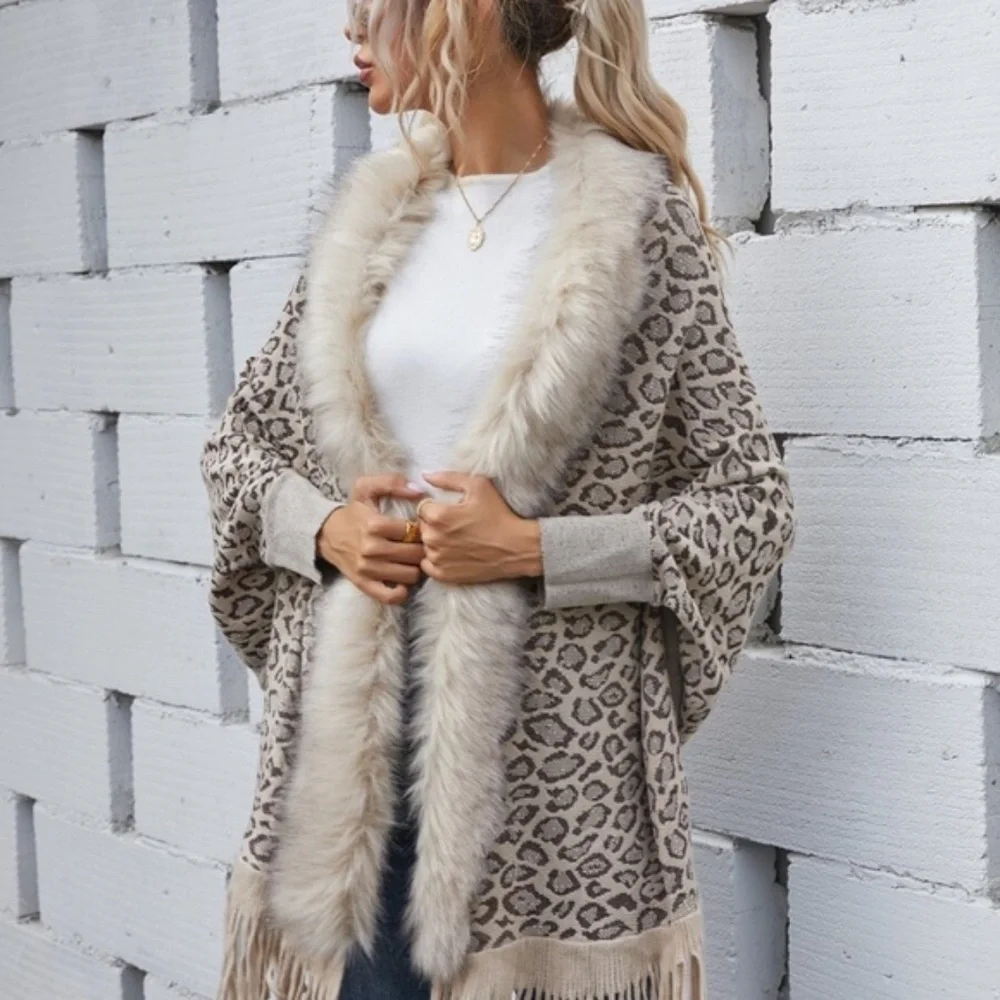 Cozy vegan fur leopard print tassel poncho cardigan